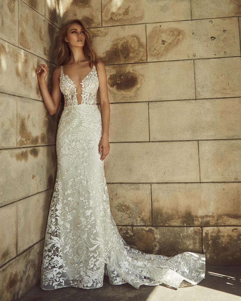 La8240 vintage lace wedding dress with detachable train and sheath silhouette1